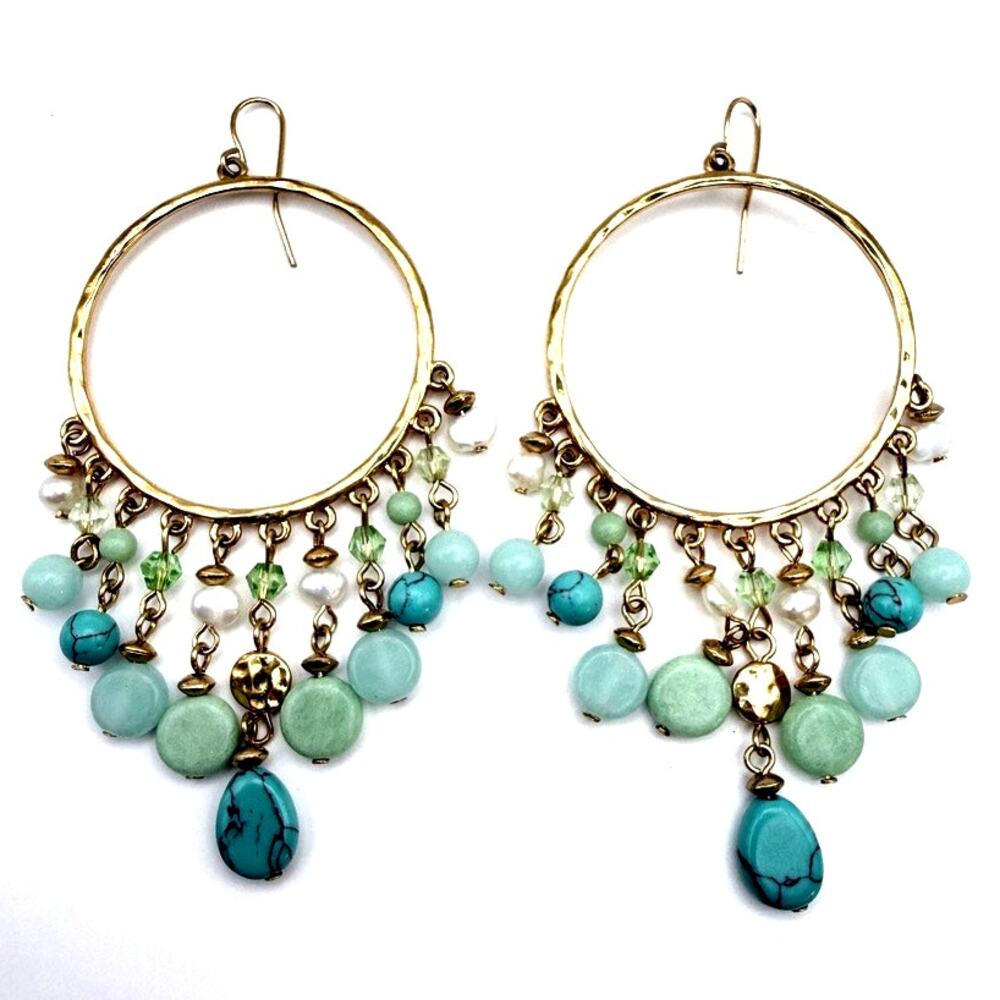 Statement Hoop Chandelier Earrings Freshwater Pearl Faux Turquoise Green Glass